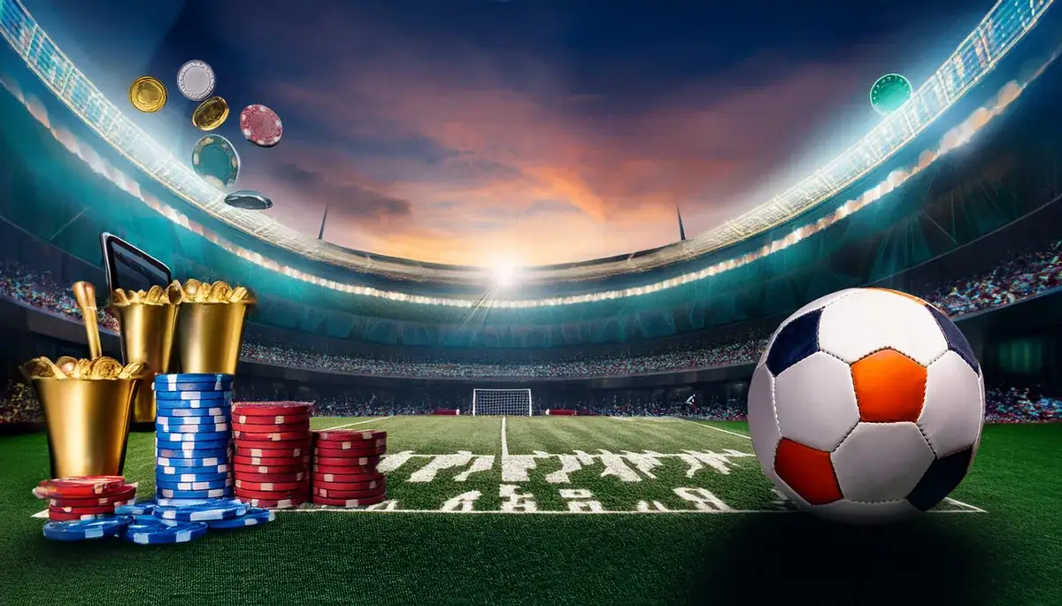 Laser247 ID — betting chips and football in a floodlit stadium